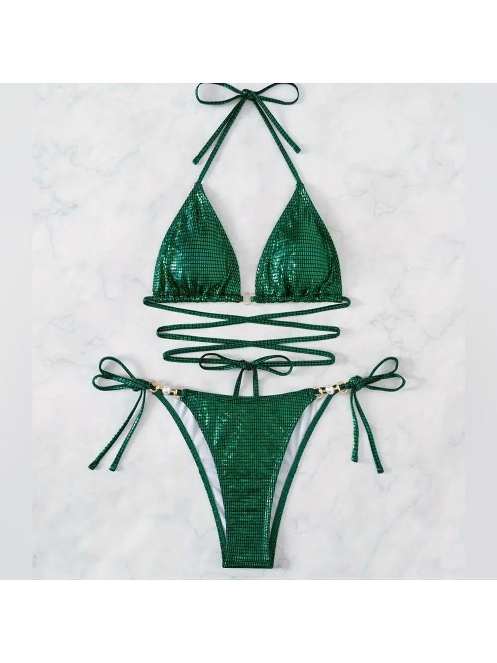 Green Metallic Halter Pearl Detail Bikini Set - Picture 3 of 10